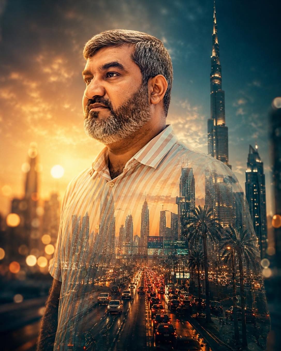 A Shahbaz stands against a cityscape background at sunset, with tall buildings and busy streets blending into his shirt.